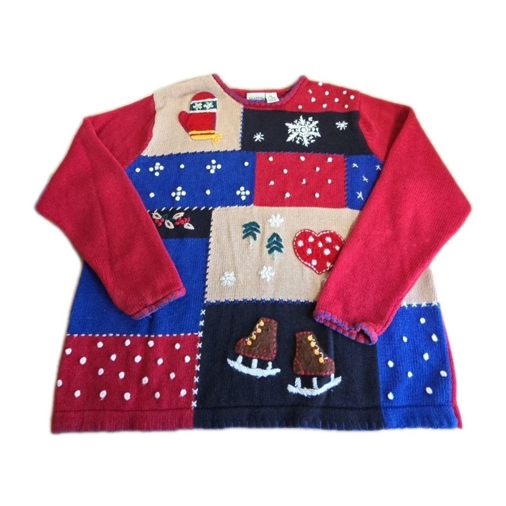 VTG Classic Elements Red WINTER Sweater MITTENS Snowman SKATES Snowflake‎ XLarge